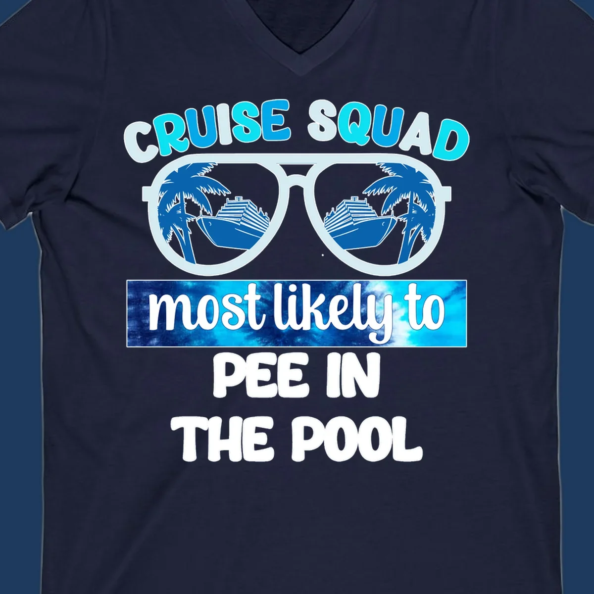 Cruise squad pool humor design with sunglasses showing palm trees and cruise ship reflections