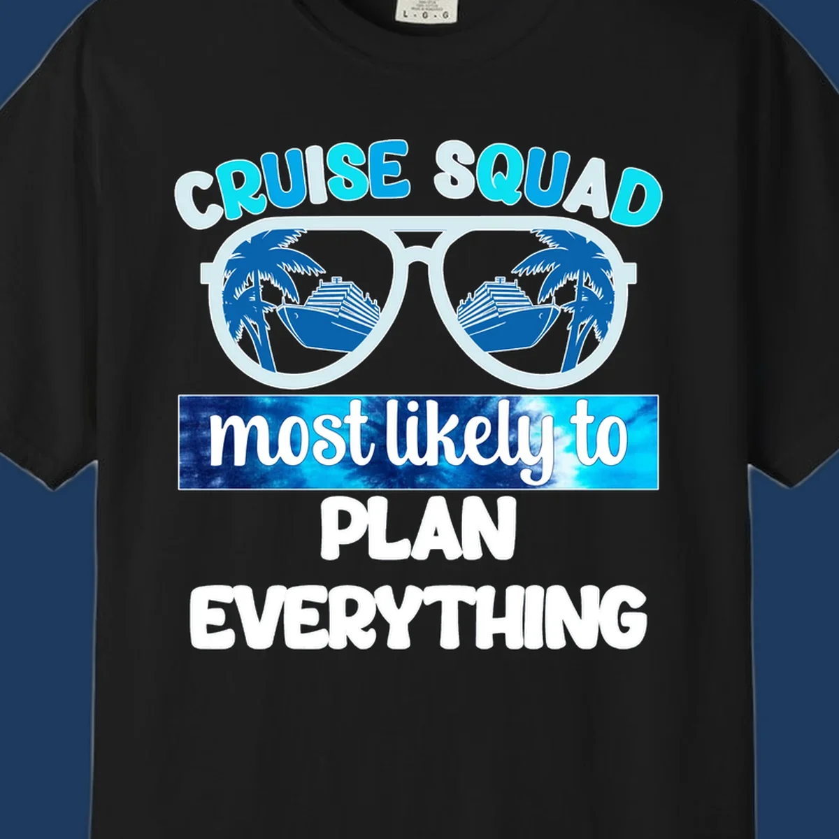 Cruise squad most likely to plan everything design with oversized sunglasses reflecting palm trees and cruise ships