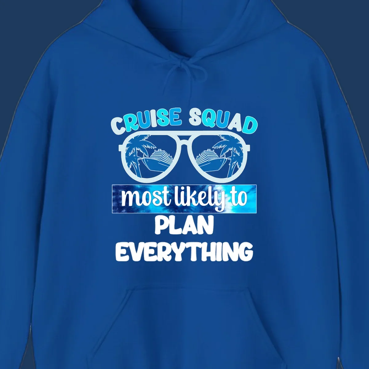 Cruise squad most likely to plan everything design with oversized sunglasses reflecting palm trees and cruise ships