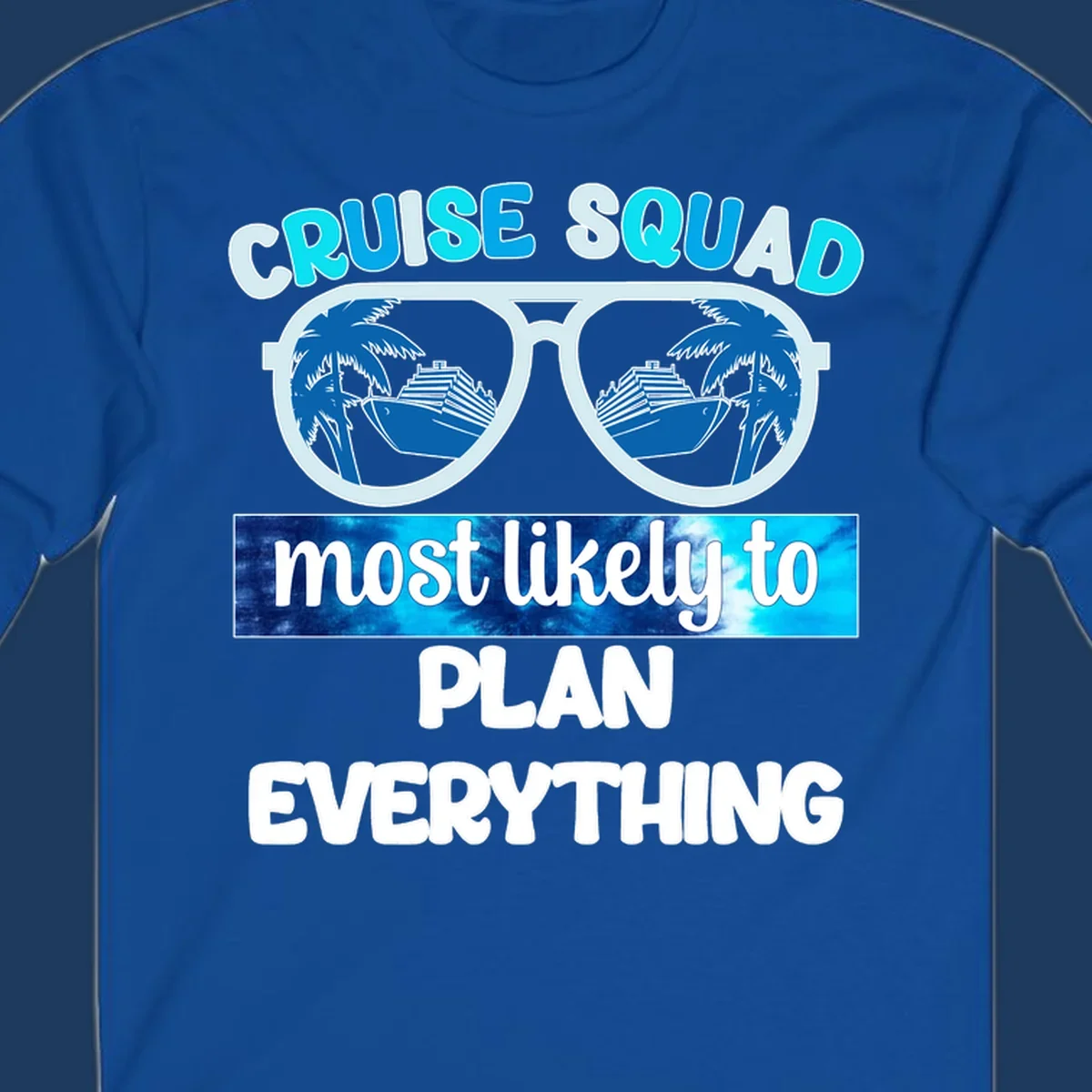 Cruise squad most likely to plan everything design with oversized sunglasses reflecting palm trees and cruise ships