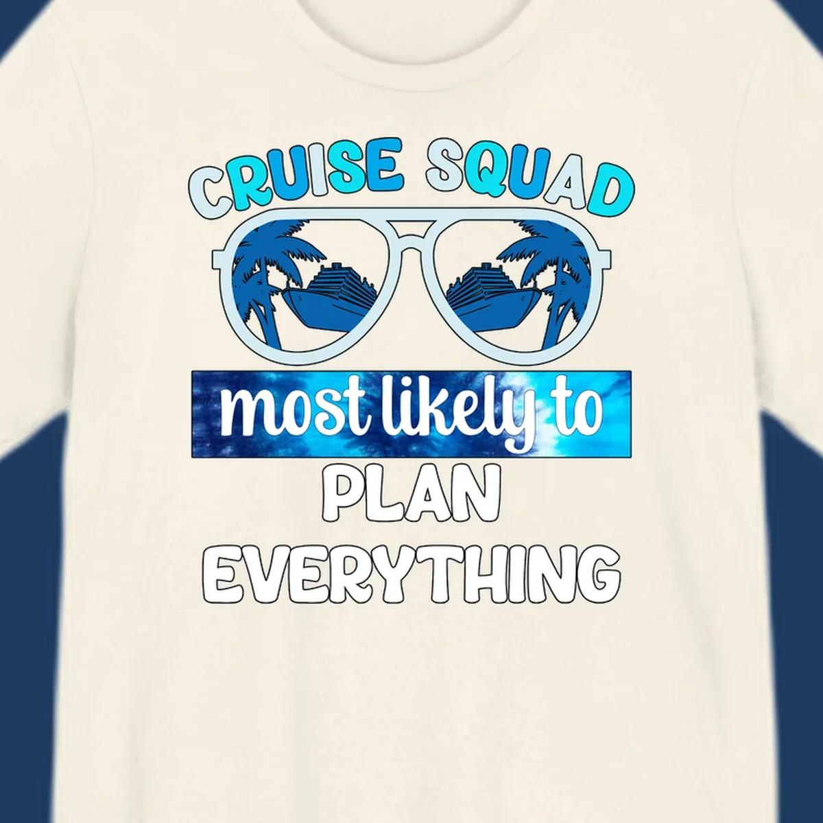 Cruise squad most likely to plan everything design with oversized sunglasses reflecting palm trees and cruise ships