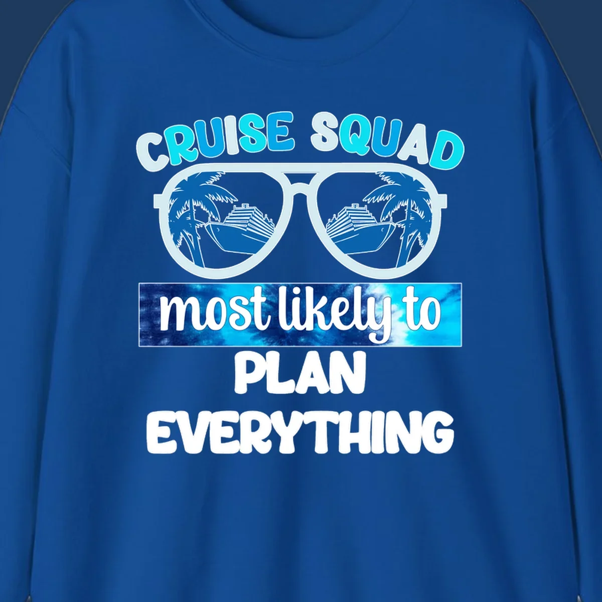Cruise squad most likely to plan everything design with oversized sunglasses reflecting palm trees and cruise ships