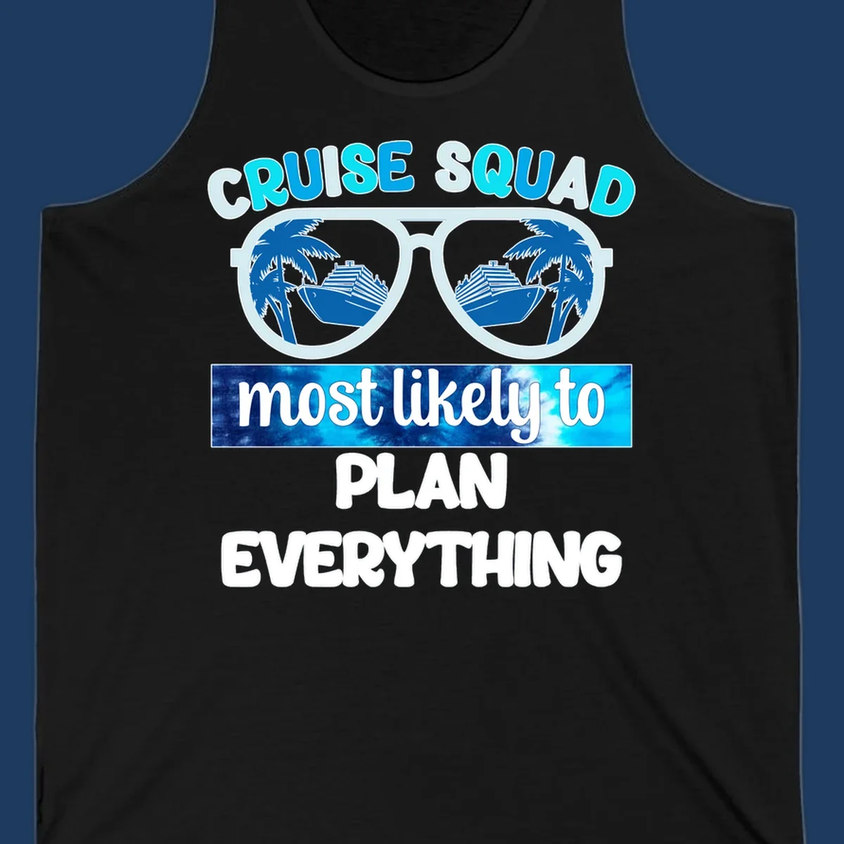 Cruise squad most likely to plan everything design with oversized sunglasses reflecting palm trees and cruise ships