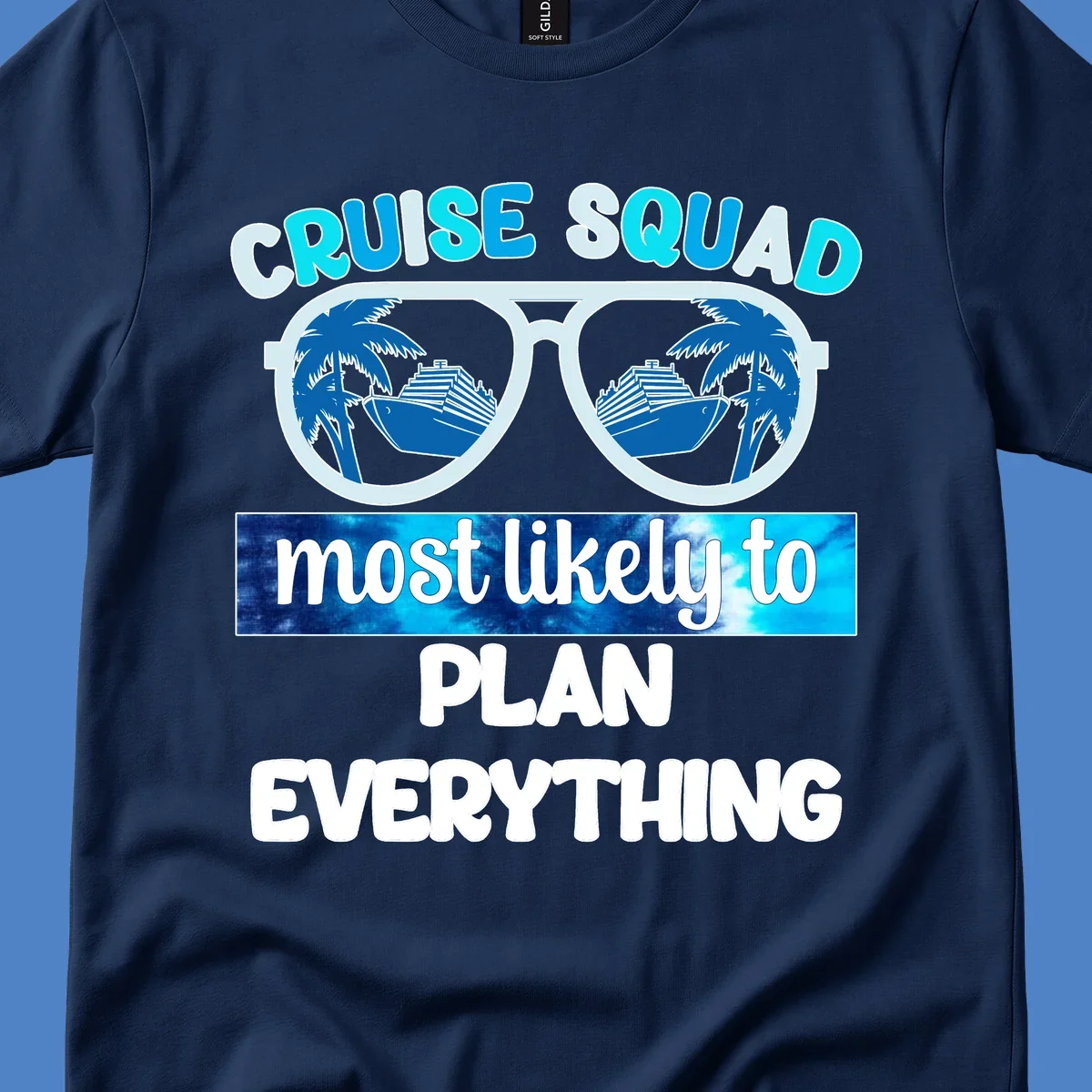 Cruise squad most likely to plan everything design with oversized sunglasses reflecting palm trees and cruise ships