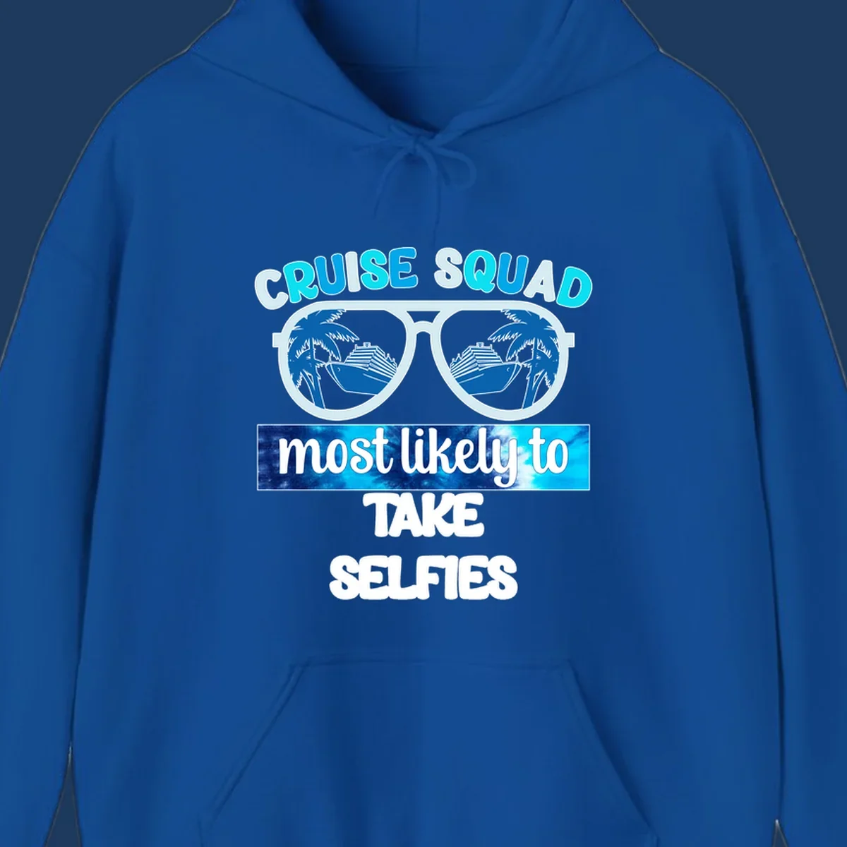 Oversized sunglasses with cruise ships and palm trees reflected in lenses, text reads 'Cruise Squad Most Likely to Take Selfies'