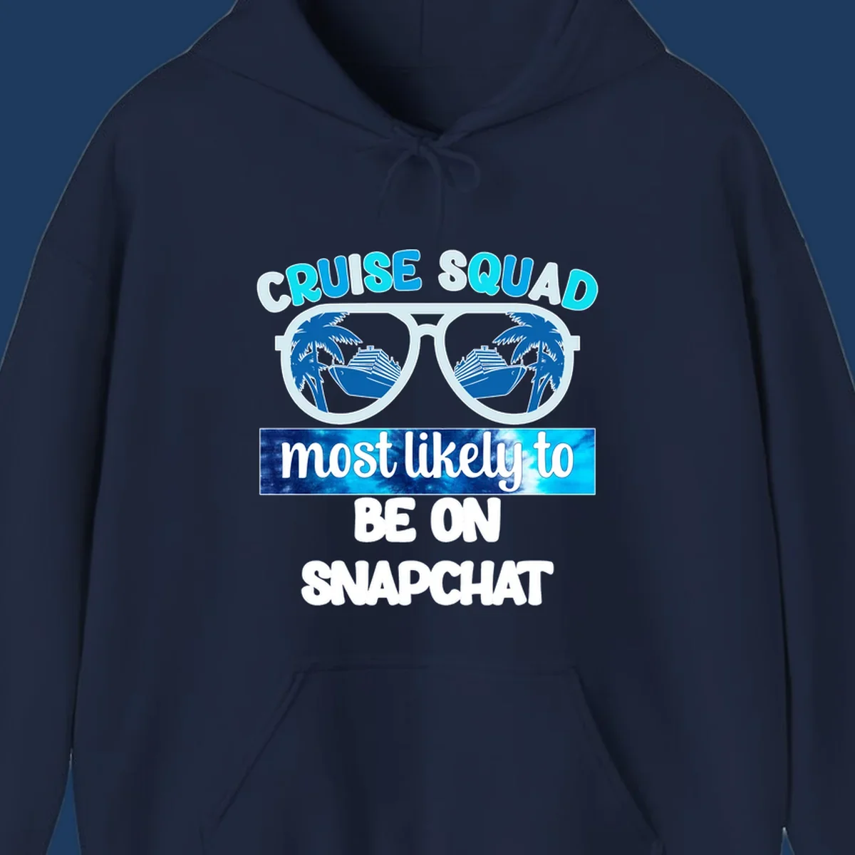 Oversized sunglasses with palm trees and cruise ships reflected in the lenses, with 'cruise squad most likely to be on snapchat' text
