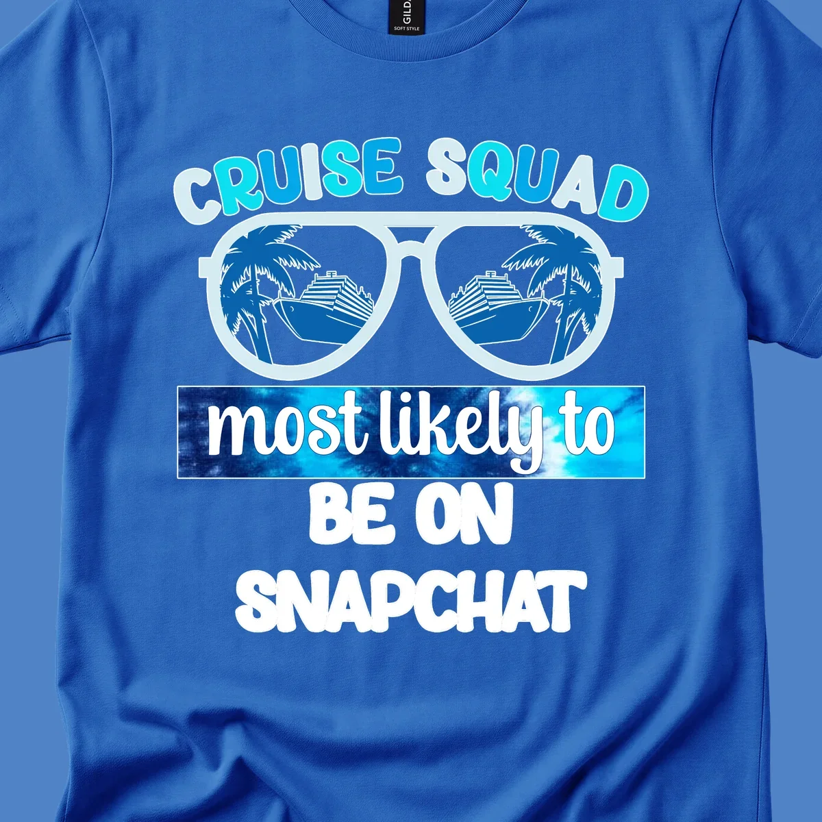Oversized sunglasses with palm trees and cruise ships reflected in the lenses, with 'cruise squad most likely to be on snapchat' text