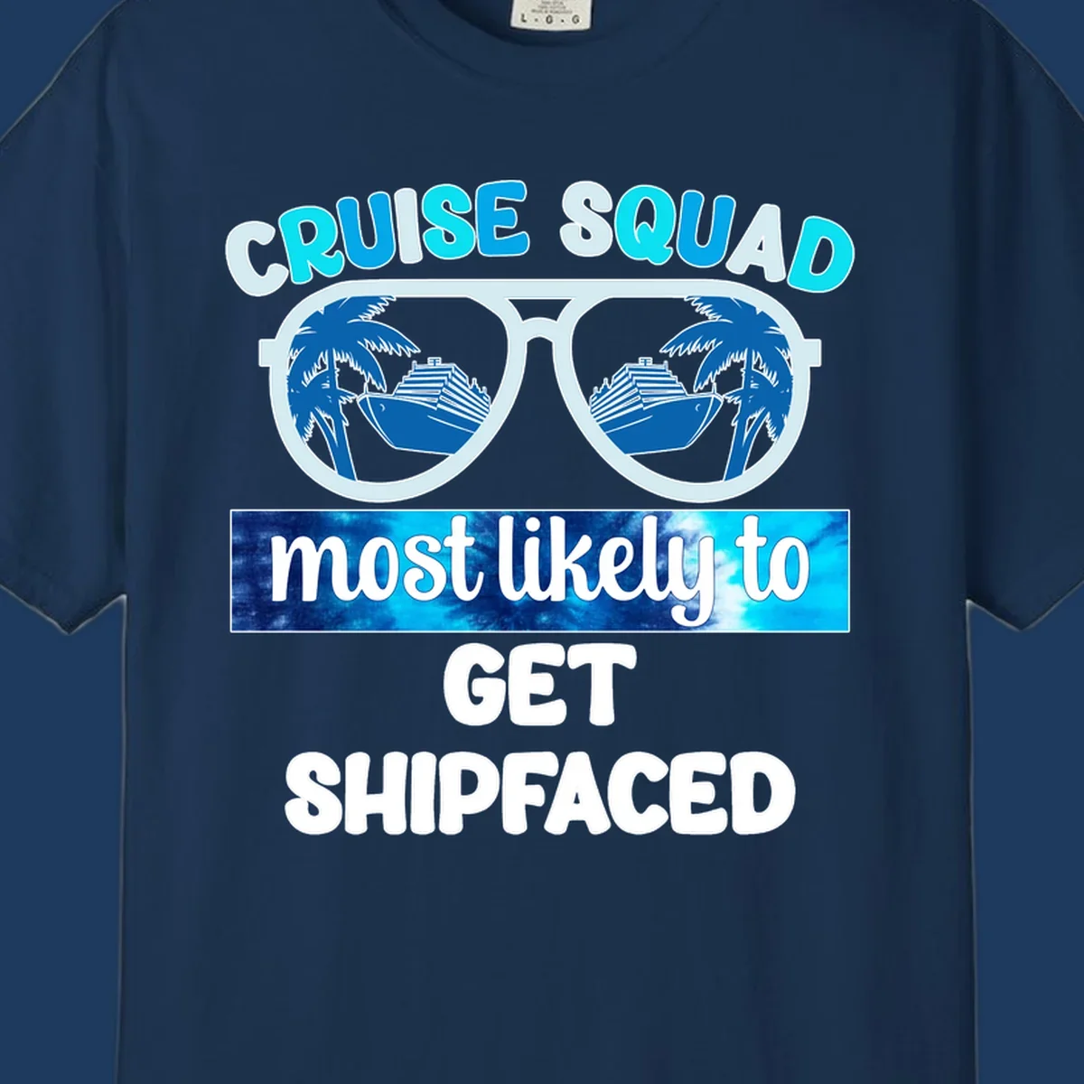 Shipfaced cruise squad design with oversized sunglasses showing cruise ships and palm trees, fun vacation text