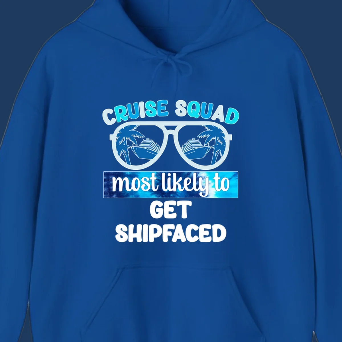 Shipfaced cruise squad design with oversized sunglasses showing cruise ships and palm trees, fun vacation text