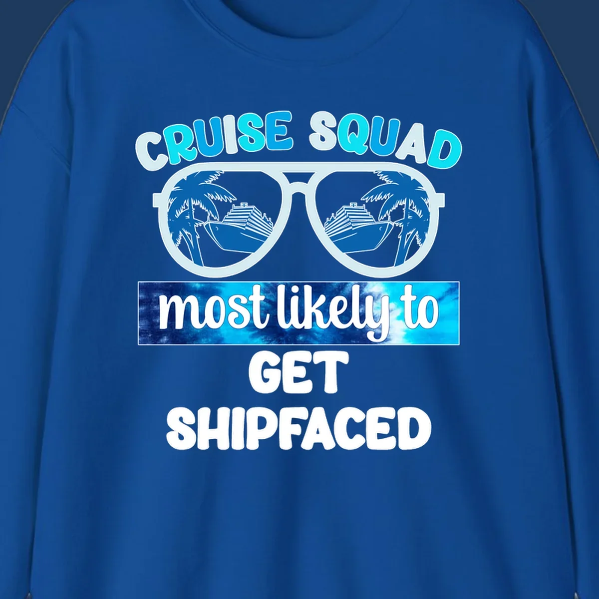 Shipfaced cruise squad design with oversized sunglasses showing cruise ships and palm trees, fun vacation text