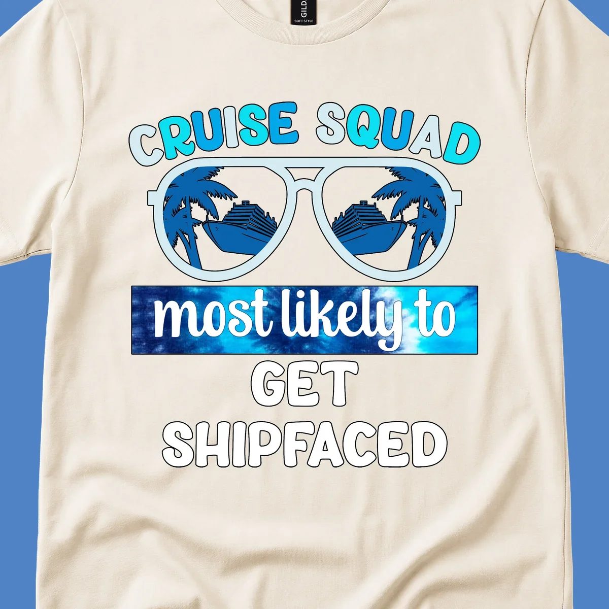 Shipfaced cruise squad design with oversized sunglasses showing cruise ships and palm trees, fun vacation text