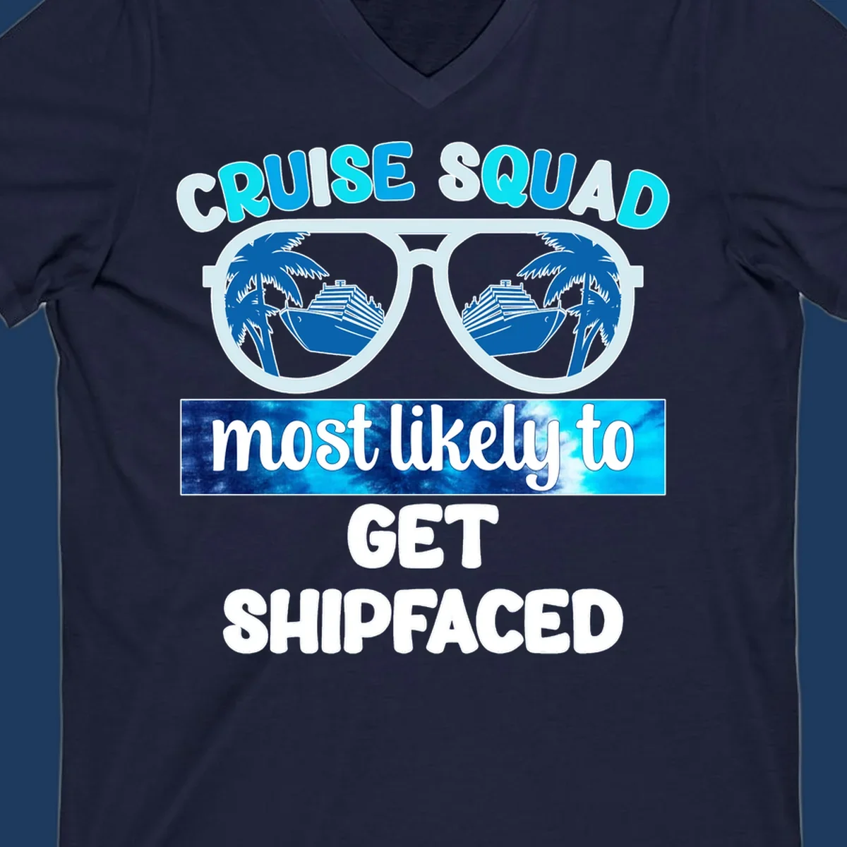 Shipfaced cruise squad design with oversized sunglasses showing cruise ships and palm trees, fun vacation text