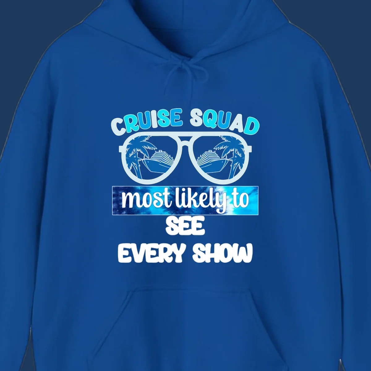 Sunglasses with palm trees and cruise ships reflected in lenses, 'Cruise Squad Most Likely To See Every Show' text design