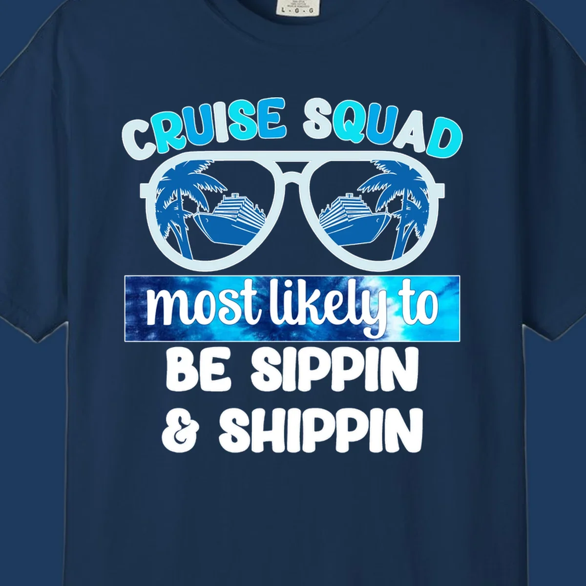 Cruise squad sippin and shippin design with oversized sunglasses showing palm trees and cruise ships in the lenses