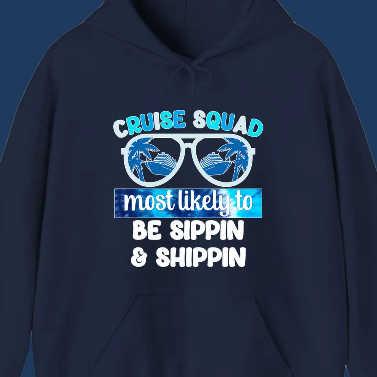 Cruise squad sippin and shippin design with oversized sunglasses showing palm trees and cruise ships in the lenses