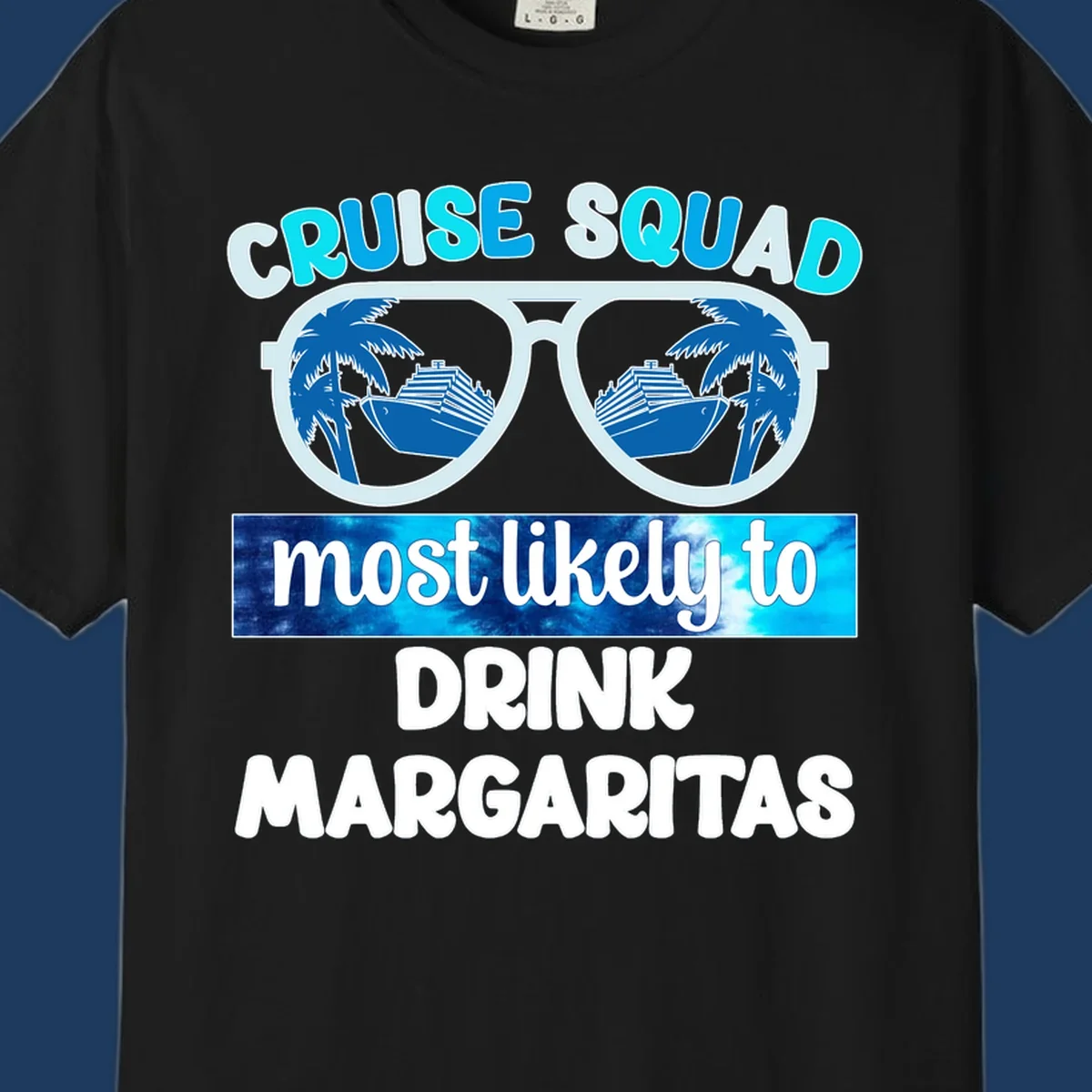 Oversized sunglasses design showing palm trees and cruise ship reflections with cruise squad margarita text