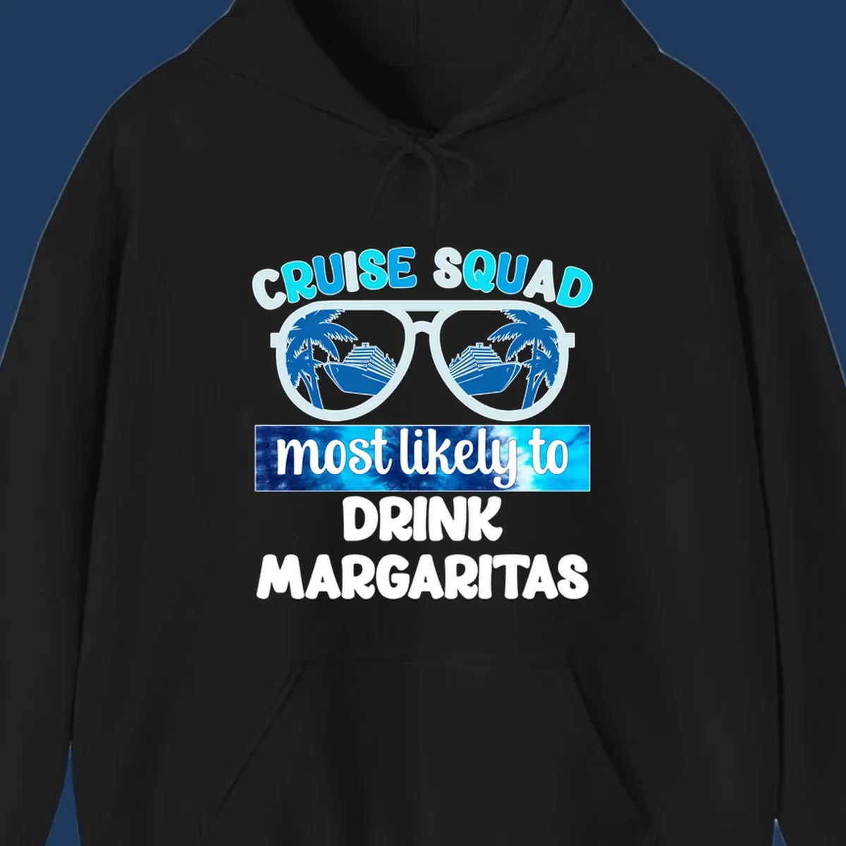 Oversized sunglasses design showing palm trees and cruise ship reflections with cruise squad margarita text