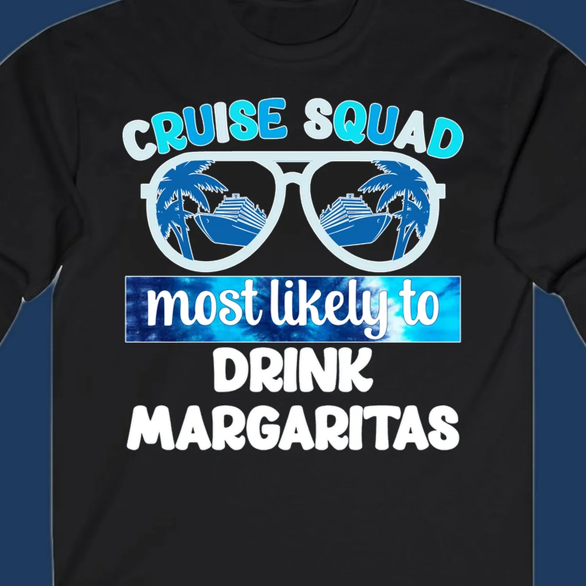 Oversized sunglasses design showing palm trees and cruise ship reflections with cruise squad margarita text