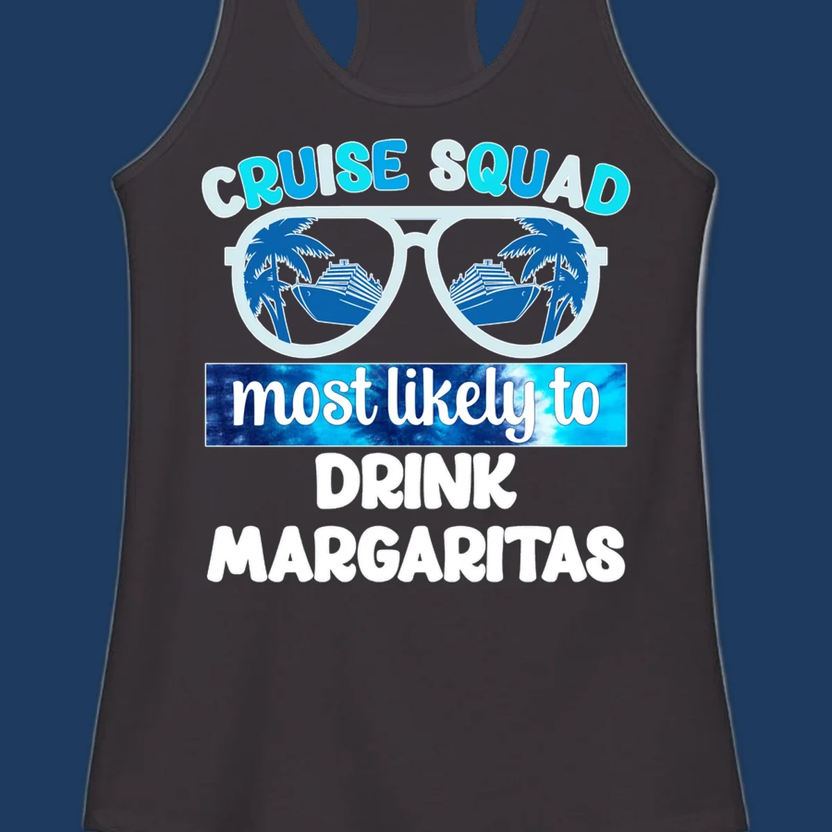 Oversized sunglasses design showing palm trees and cruise ship reflections with cruise squad margarita text
