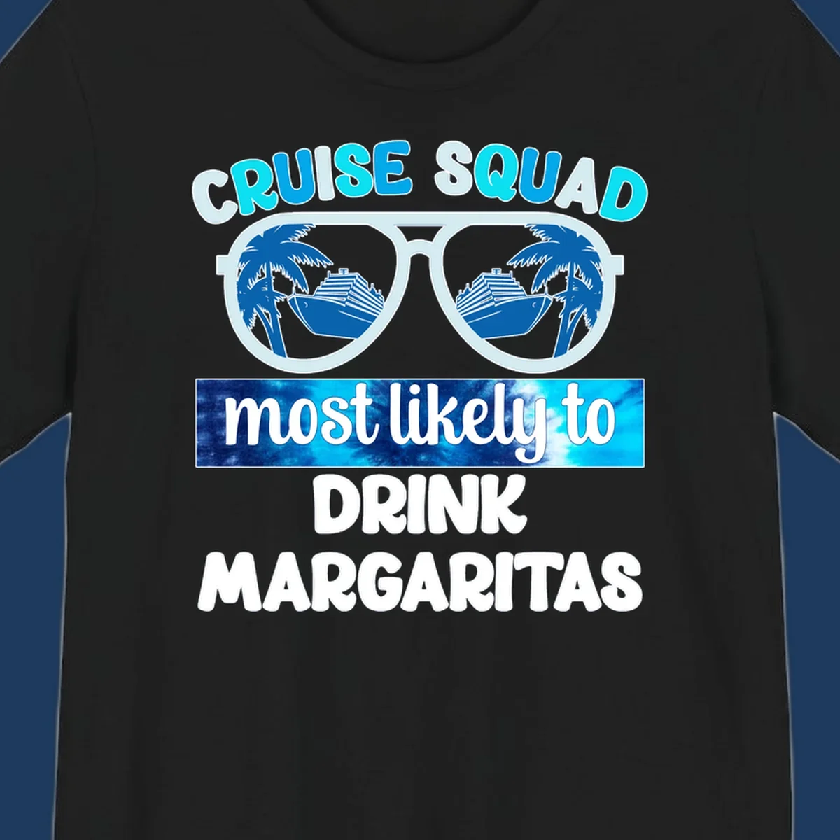Oversized sunglasses design showing palm trees and cruise ship reflections with cruise squad margarita text
