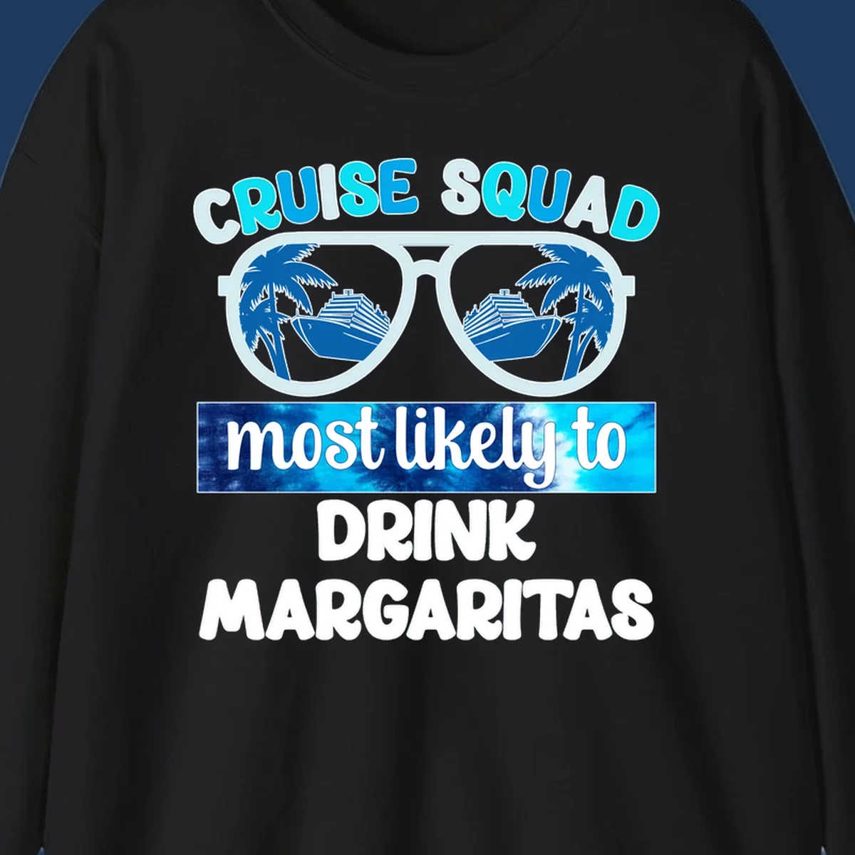 Oversized sunglasses design showing palm trees and cruise ship reflections with cruise squad margarita text