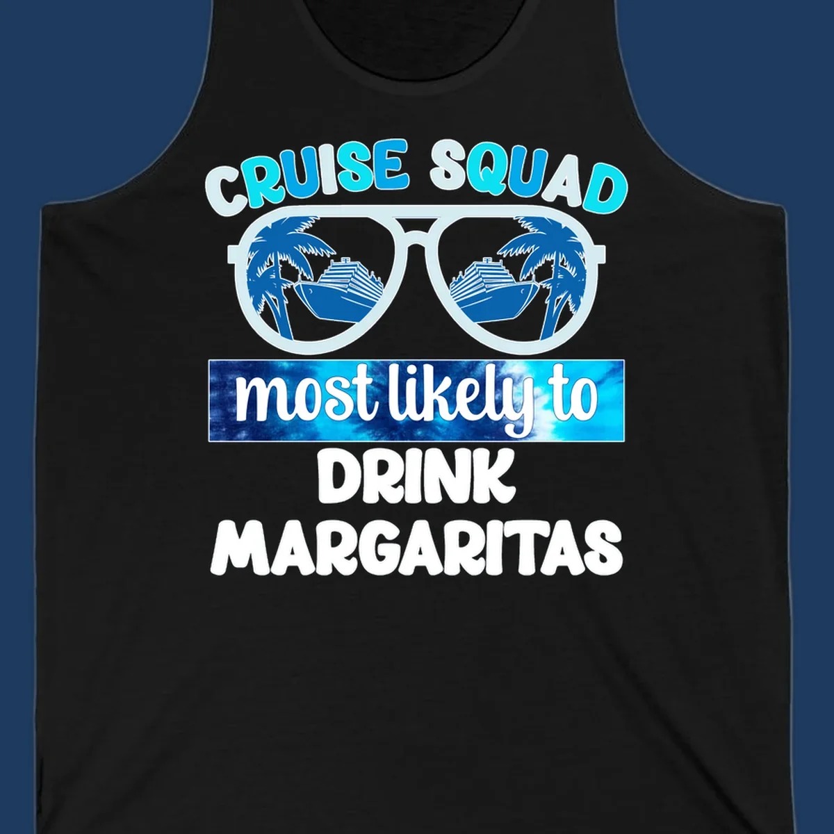 Oversized sunglasses design showing palm trees and cruise ship reflections with cruise squad margarita text