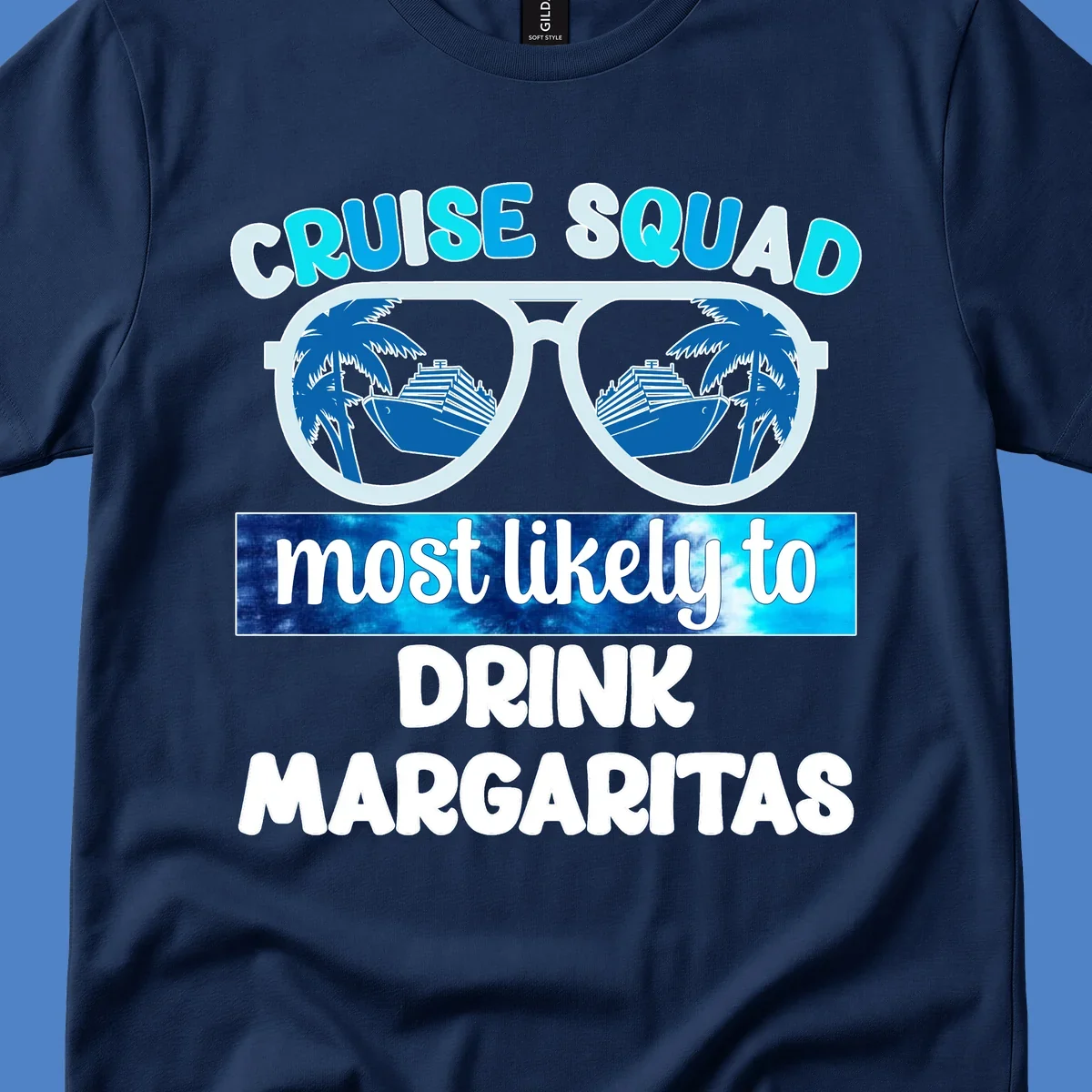 Oversized sunglasses design showing palm trees and cruise ship reflections with cruise squad margarita text