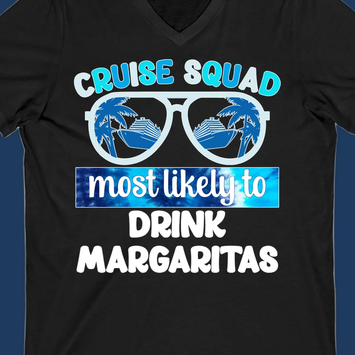 Oversized sunglasses design showing palm trees and cruise ship reflections with cruise squad margarita text