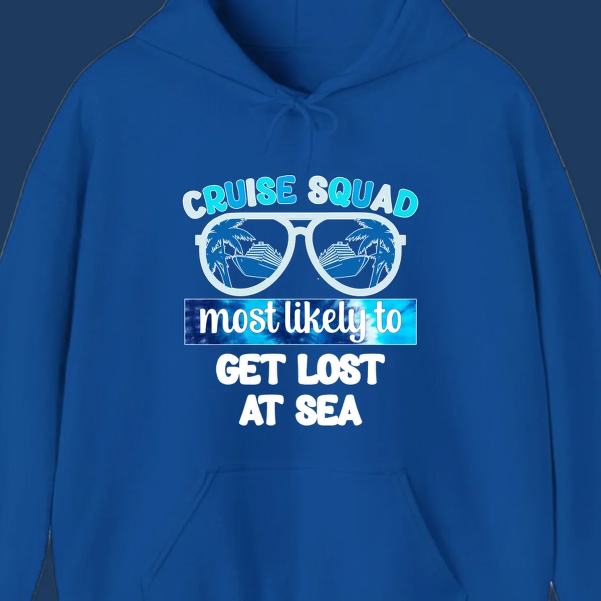 Sunglasses with cruise ship and palm trees reflecting in lenses, cruise squad most likely to get lost at sea text