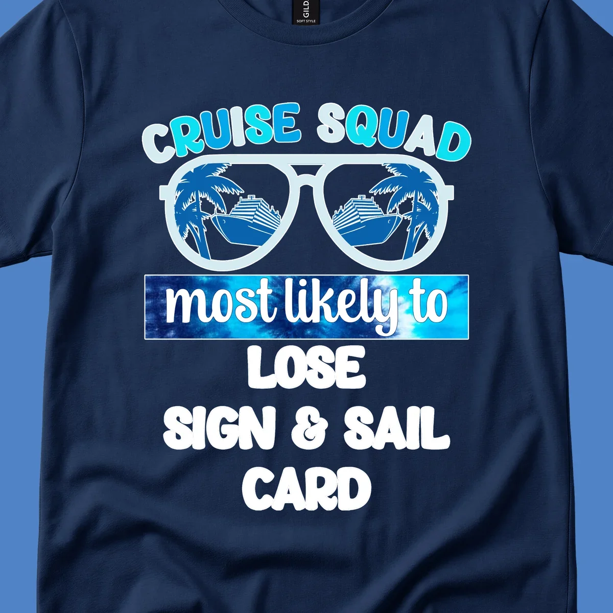 Cruise squad most likely to design with sunglasses, cruise ships, and palm trees on gray background