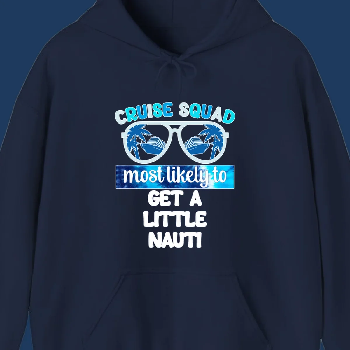 Oversized sunglasses with cruise ships and palm trees reflected in lenses, text reads 'Cruise Squad most likely to get a little nauti'