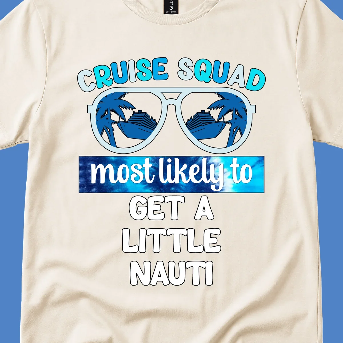 Oversized sunglasses with cruise ships and palm trees reflected in lenses, text reads 'Cruise Squad most likely to get a little nauti'