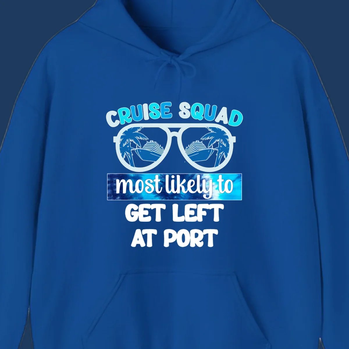 Sunglasses with cruise ship and palm tree reflections and text 'Cruise Squad Most Likely to Get Left at Port'