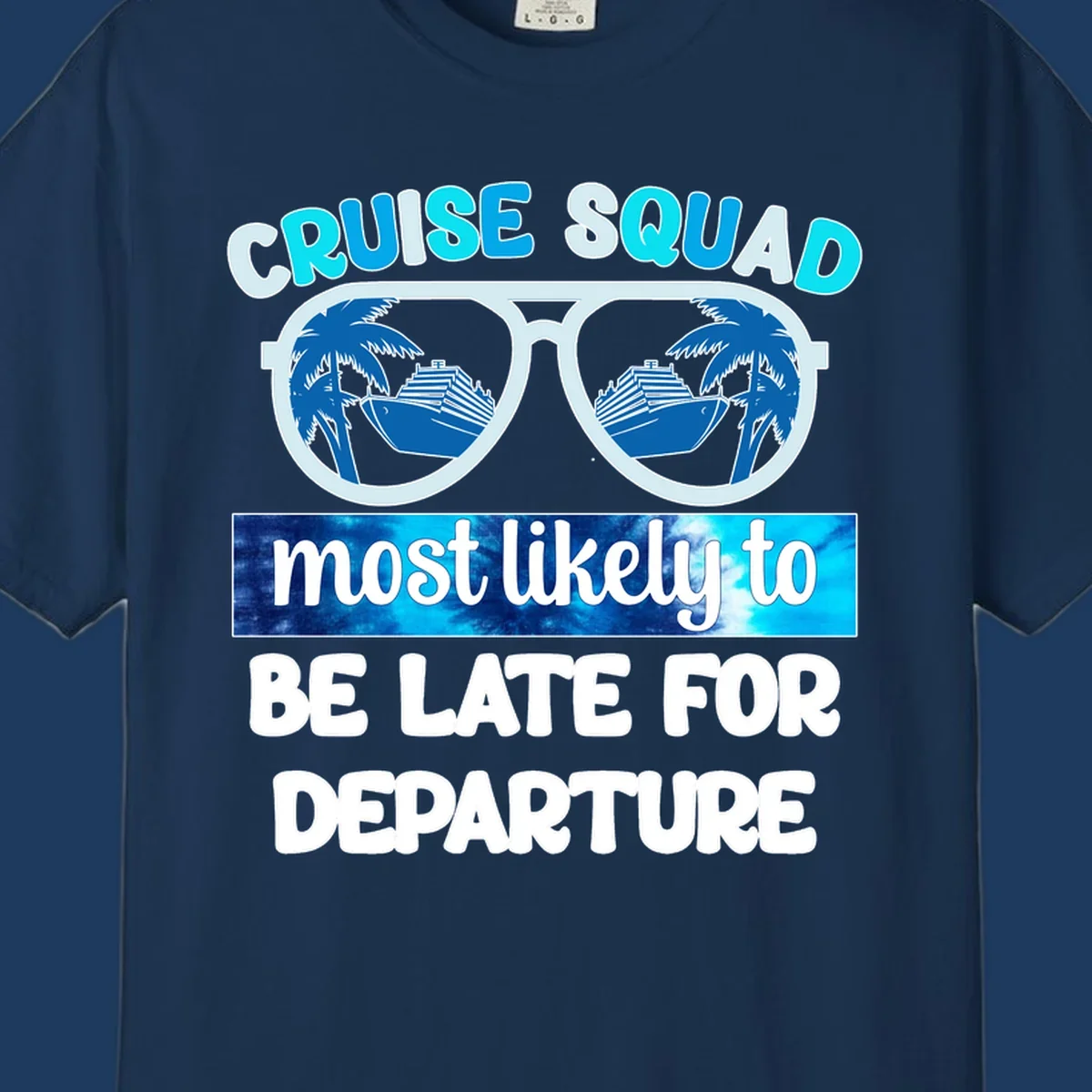 Cruise squad most likely late design with oversized sunglasses reflecting palm trees and cruise ships