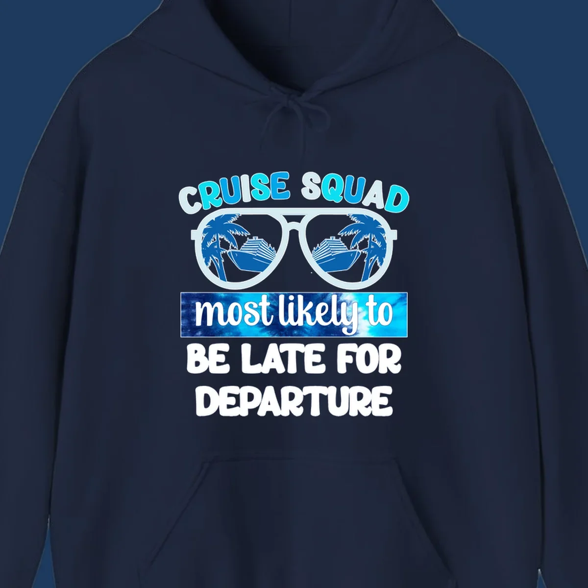 Cruise squad most likely late design with oversized sunglasses reflecting palm trees and cruise ships