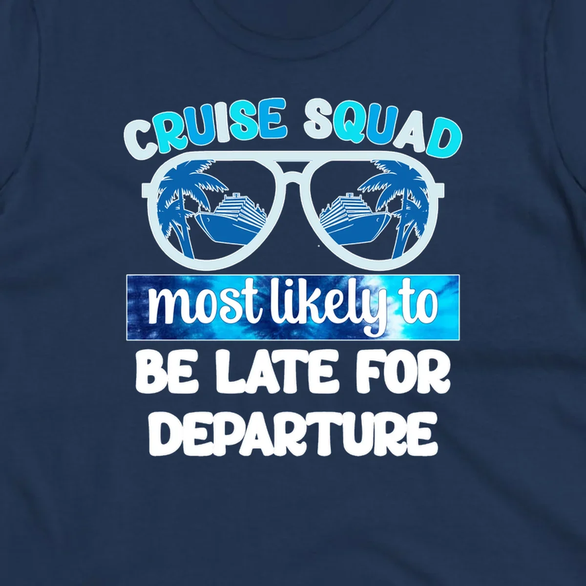 Cruise squad most likely late design with oversized sunglasses reflecting palm trees and cruise ships
