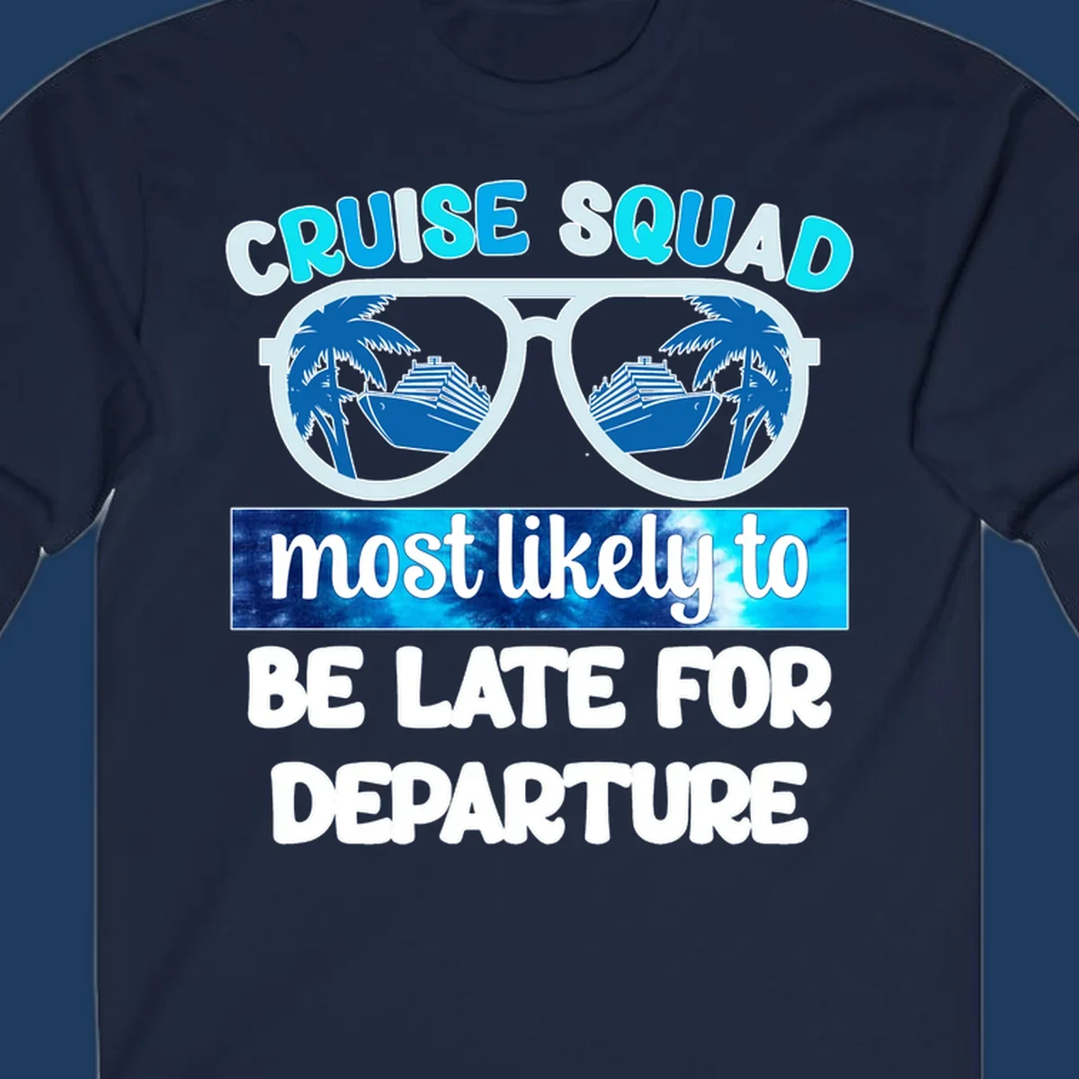 Cruise squad most likely late design with oversized sunglasses reflecting palm trees and cruise ships