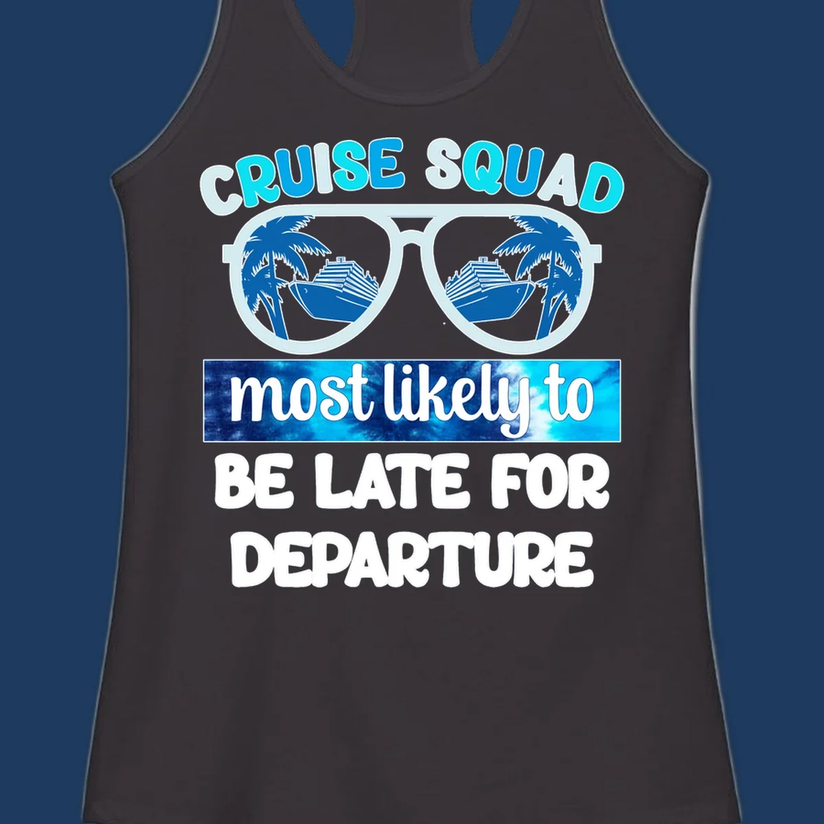 Cruise squad most likely late design with oversized sunglasses reflecting palm trees and cruise ships