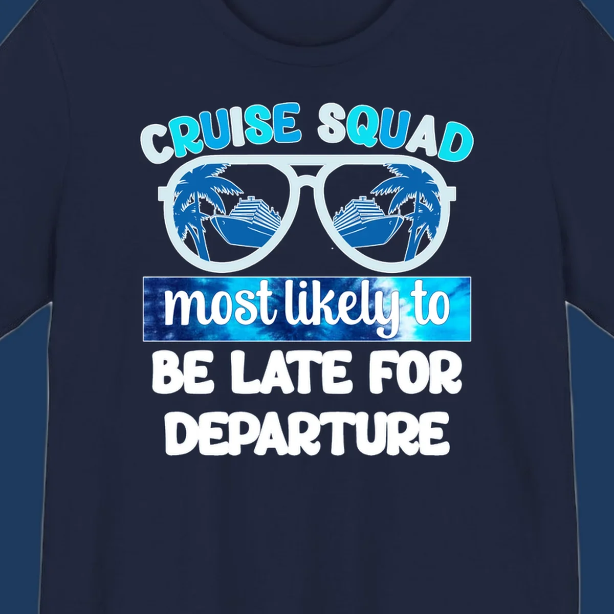 Cruise squad most likely late design with oversized sunglasses reflecting palm trees and cruise ships