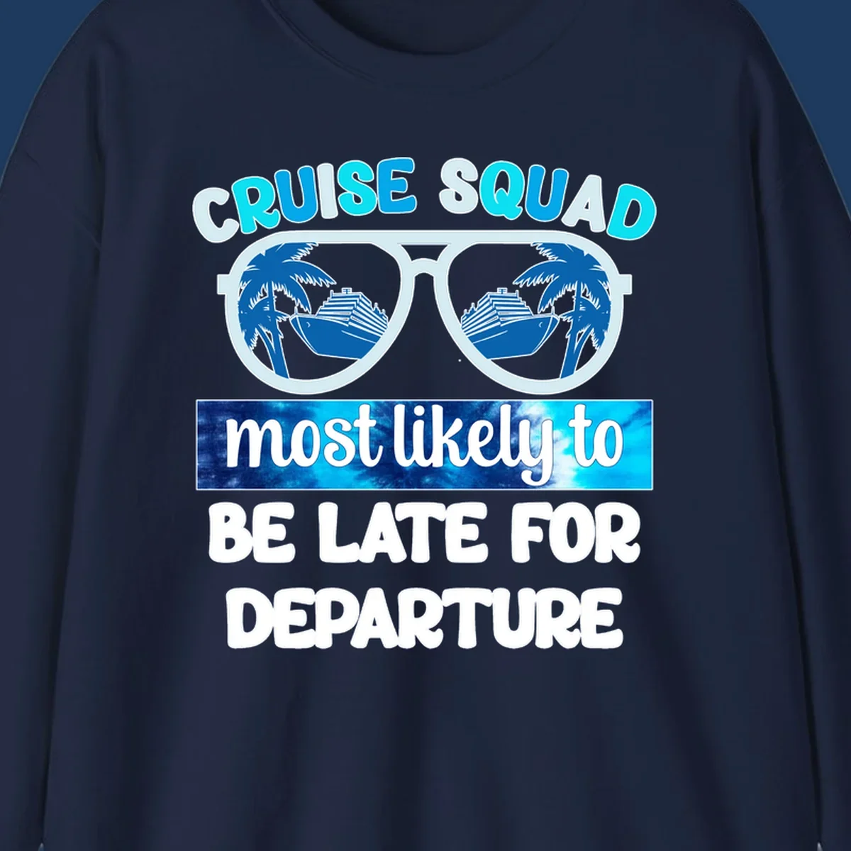 Cruise squad most likely late design with oversized sunglasses reflecting palm trees and cruise ships