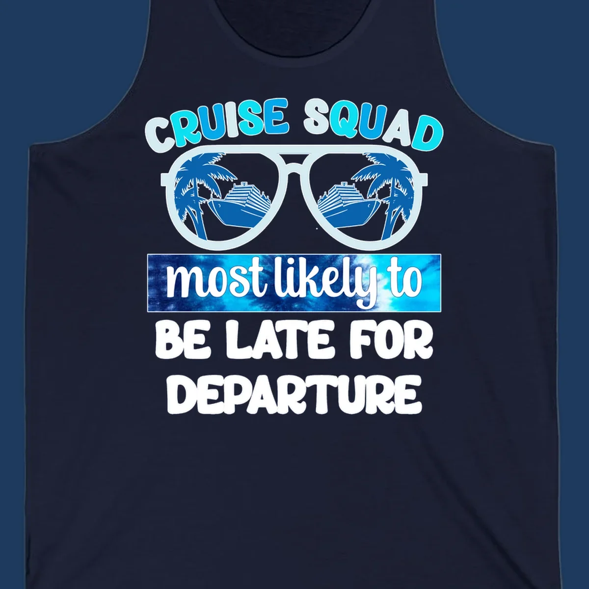 Cruise squad most likely late design with oversized sunglasses reflecting palm trees and cruise ships