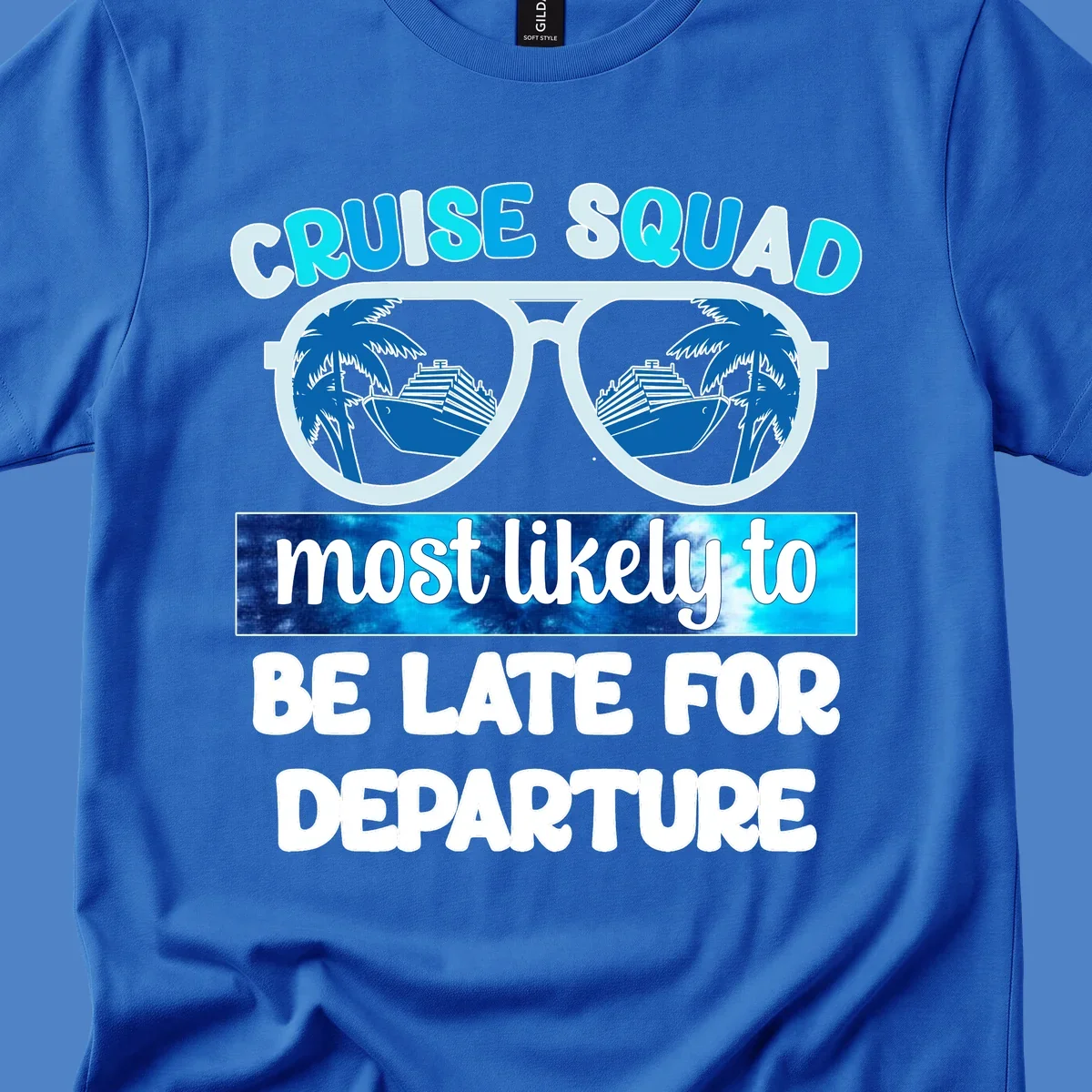 Cruise squad most likely late design with oversized sunglasses reflecting palm trees and cruise ships