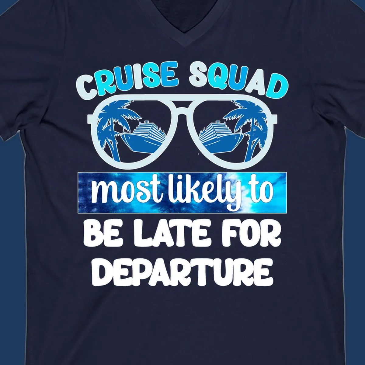 Cruise squad most likely late design with oversized sunglasses reflecting palm trees and cruise ships
