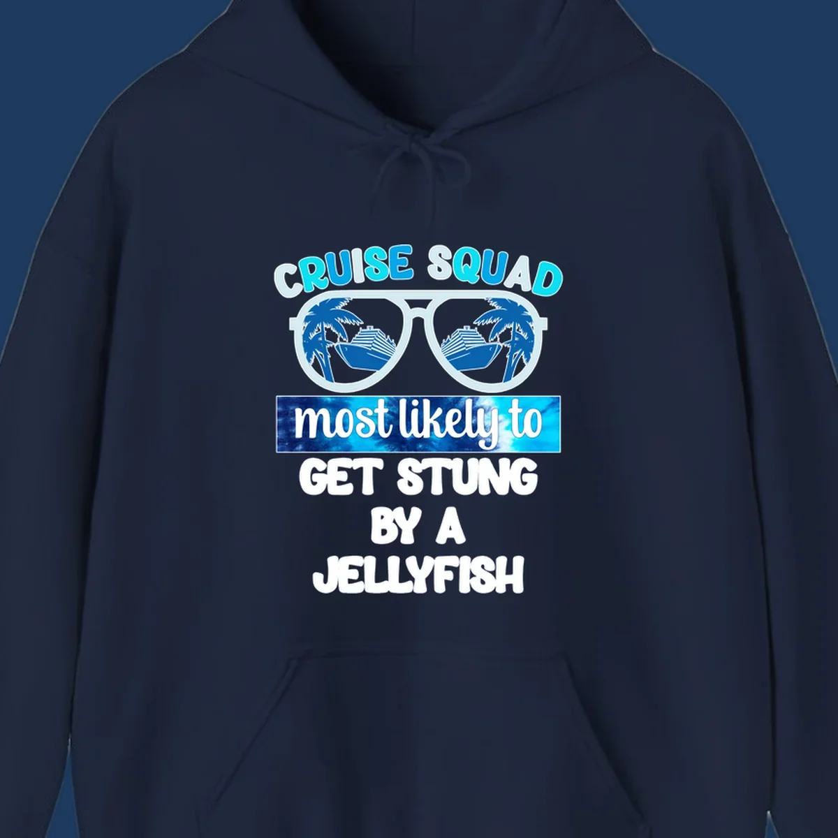 Cruise squad jellyfish stung design with oversized sunglasses containing cruise ships and palm trees, bold text humor