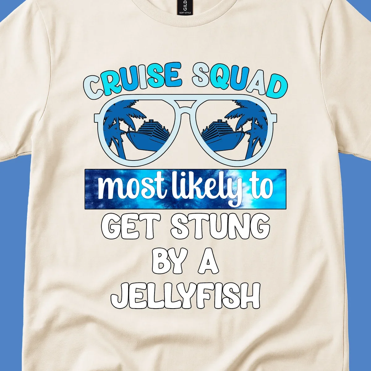 Cruise squad jellyfish stung design with oversized sunglasses containing cruise ships and palm trees, bold text humor