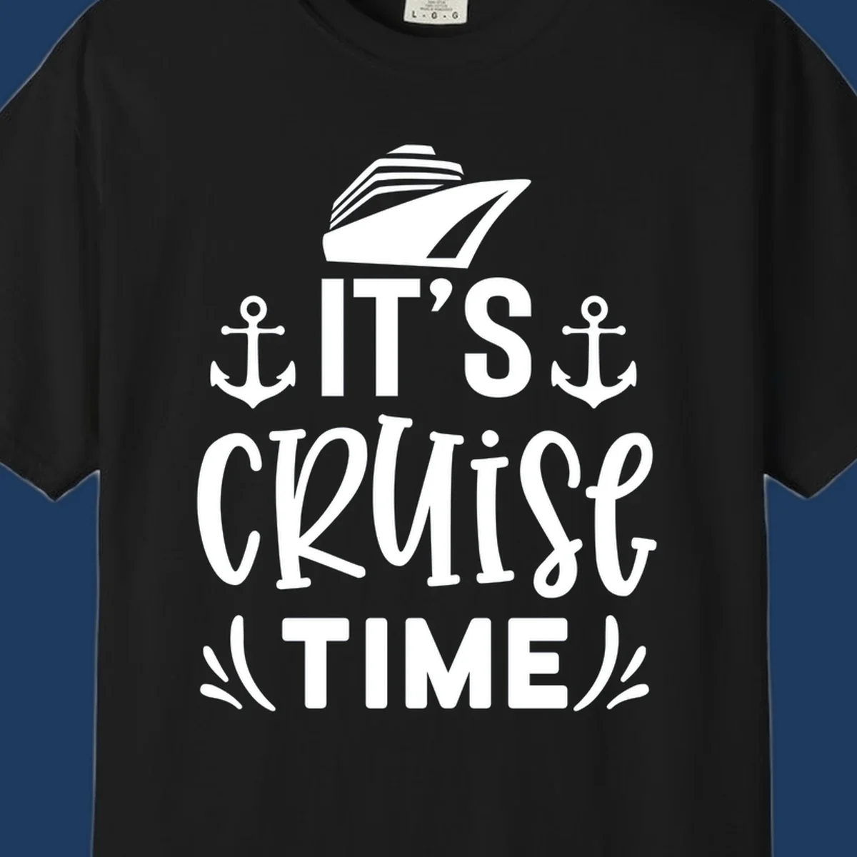 White nautical design with 'IT'S CRUISE TIME' text, cruise ship illustration, and anchor symbols on gray background