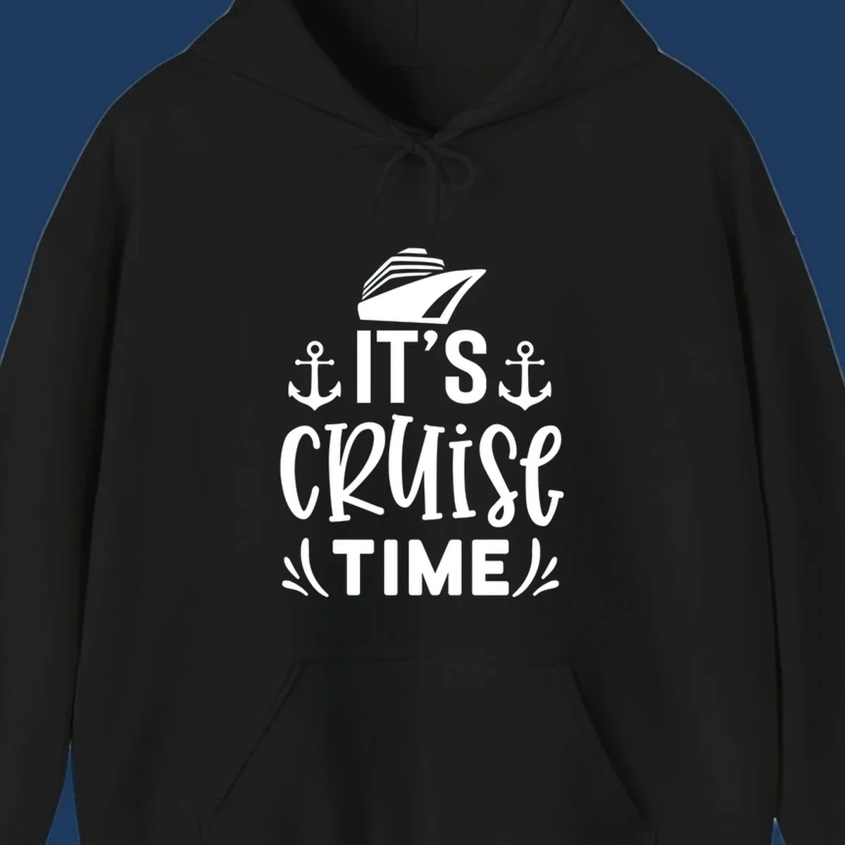 White nautical design with 'IT'S CRUISE TIME' text, cruise ship illustration, and anchor symbols on gray background
