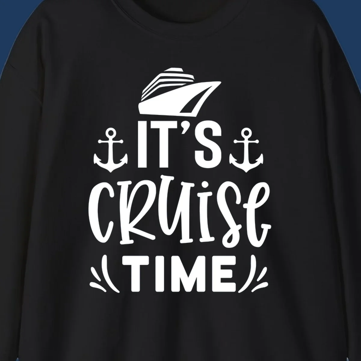 White nautical design with 'IT'S CRUISE TIME' text, cruise ship illustration, and anchor symbols on gray background