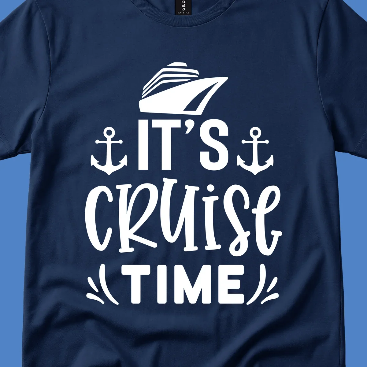 White nautical design with 'IT'S CRUISE TIME' text, cruise ship illustration, and anchor symbols on gray background
