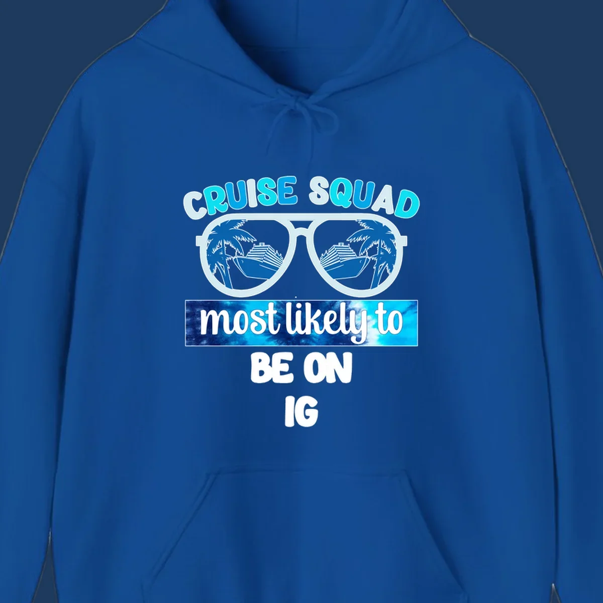Cruise squad sunglasses design with ship and palm tree reflections, Instagram caption text